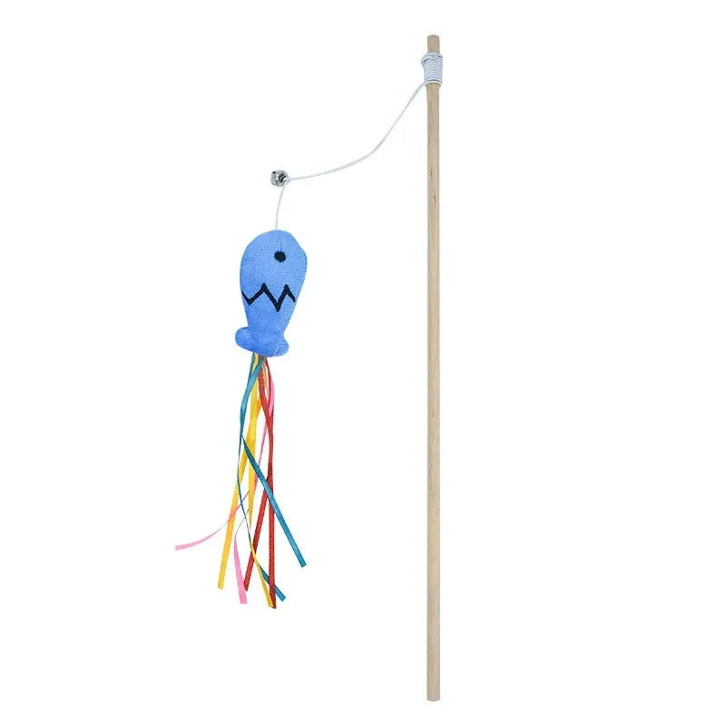 Cat wand toy with colourful ribbons, catnip fish, and bell on wooden handle