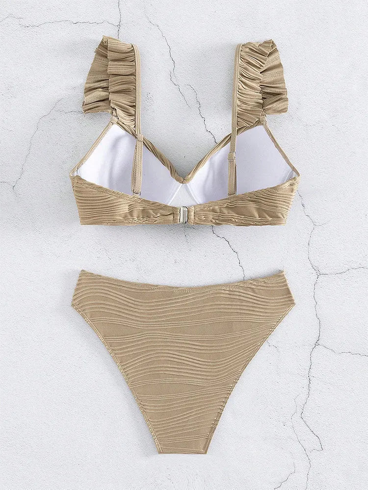 Women's solid colour bikini swimsuit in black or khaki made from polyester fibre