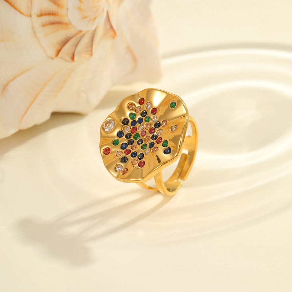 Geometric stainless steel ring with pleated inlaid design in open mouth construction