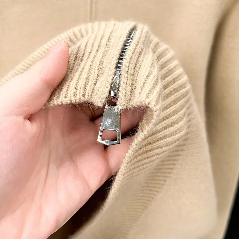 Men's high-neck zip-front cardigan in loose fit knitted fabric, shown in beige colour