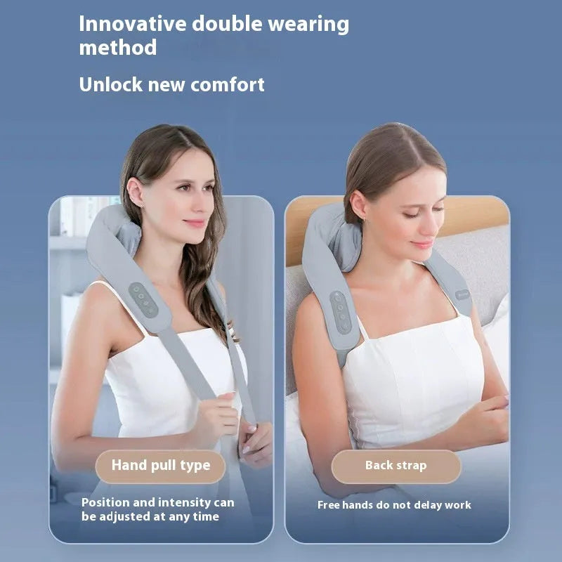 Grey elastic fabric covered neck and back massager with USB charging cable