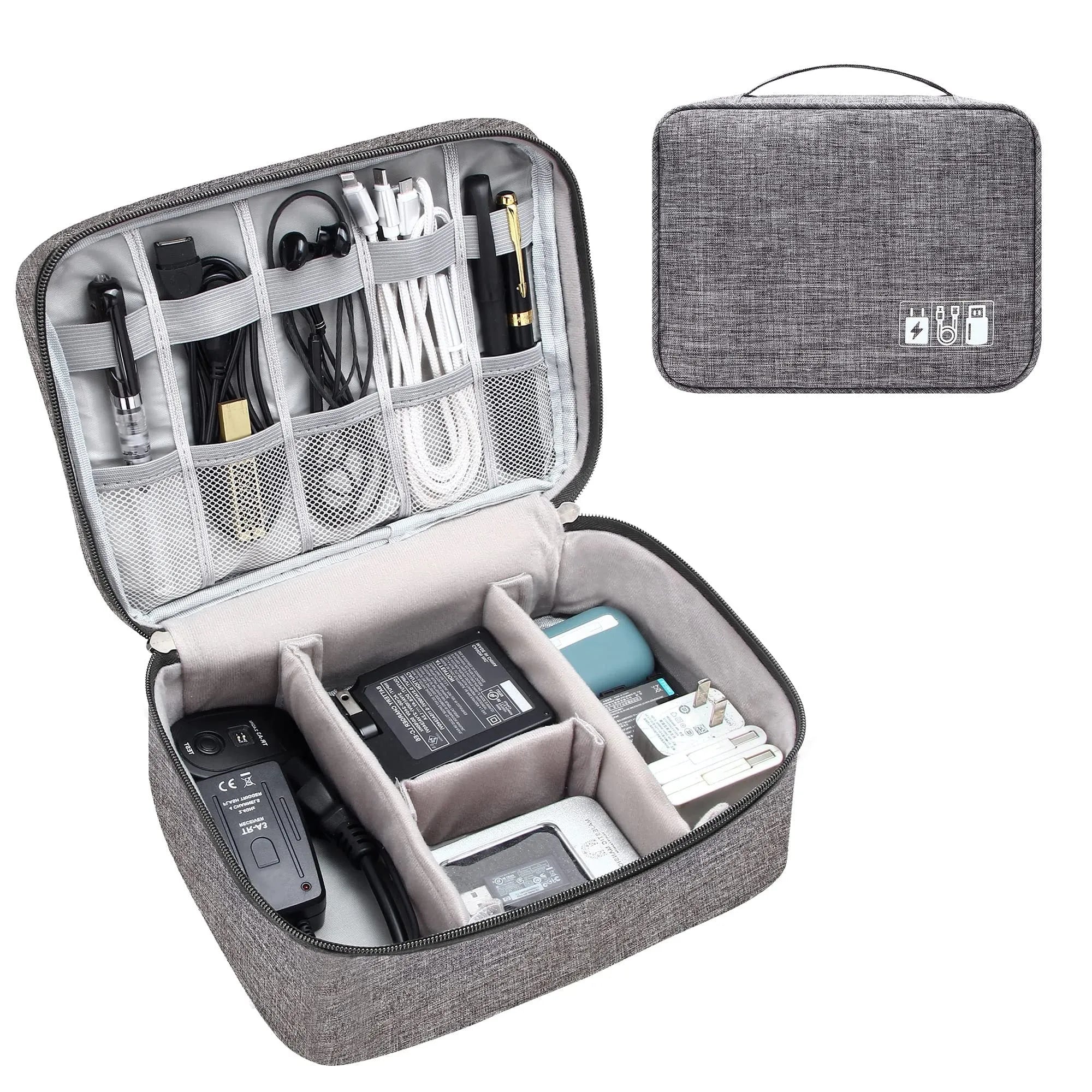 Black or grey waterproof travel cable organiser bag open to show mesh pockets and removable padded dividers