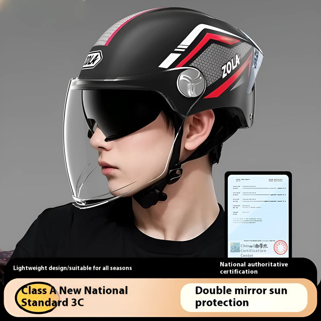 3C certified ABS motorcycle half helmet with a dual mirror sun visor shown in a light brown colour variant.