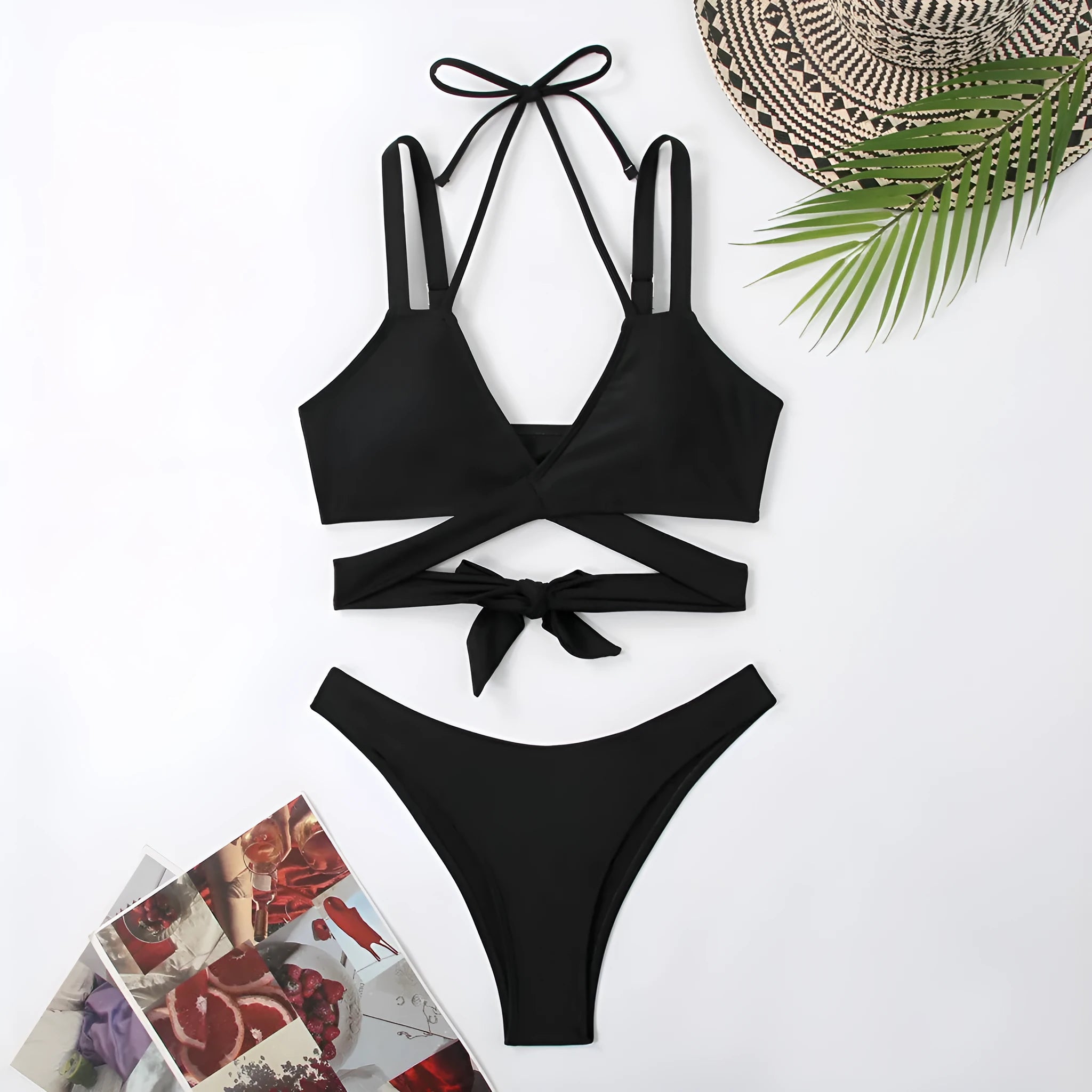 Women's solid colour strapless bikini swimsuit in black, blue, red, rose red, or white.