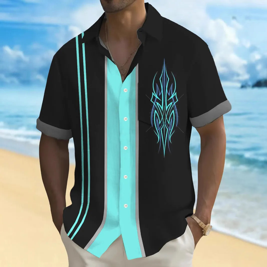 Man modelling a loose-fit printed multicolour casual shirt with a cardigan style.