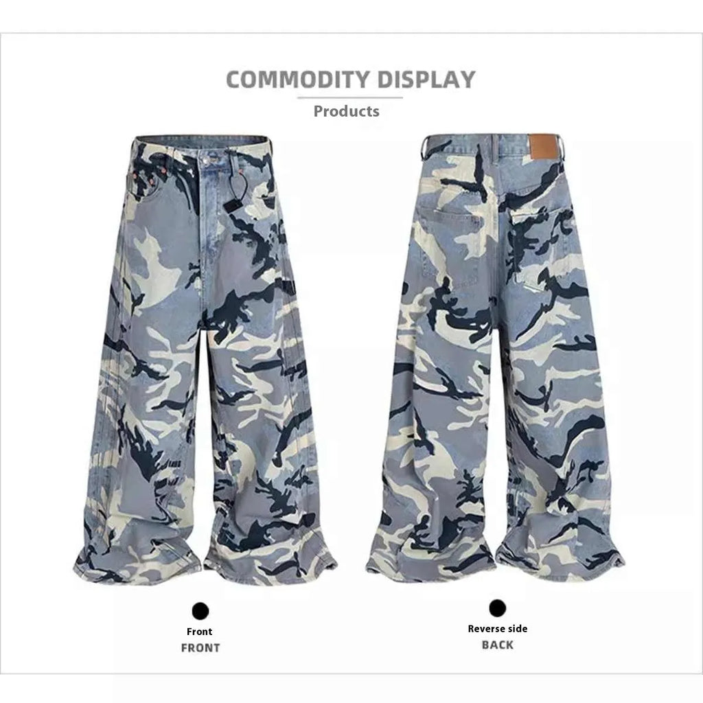 Snow camouflage blue loose fit jeans with mid waist design on hanger