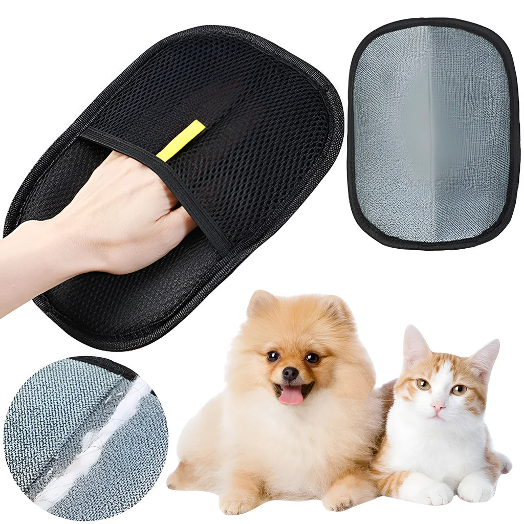 Black pet grooming glove with silicone bristles for removing hair from dogs cats rabbits