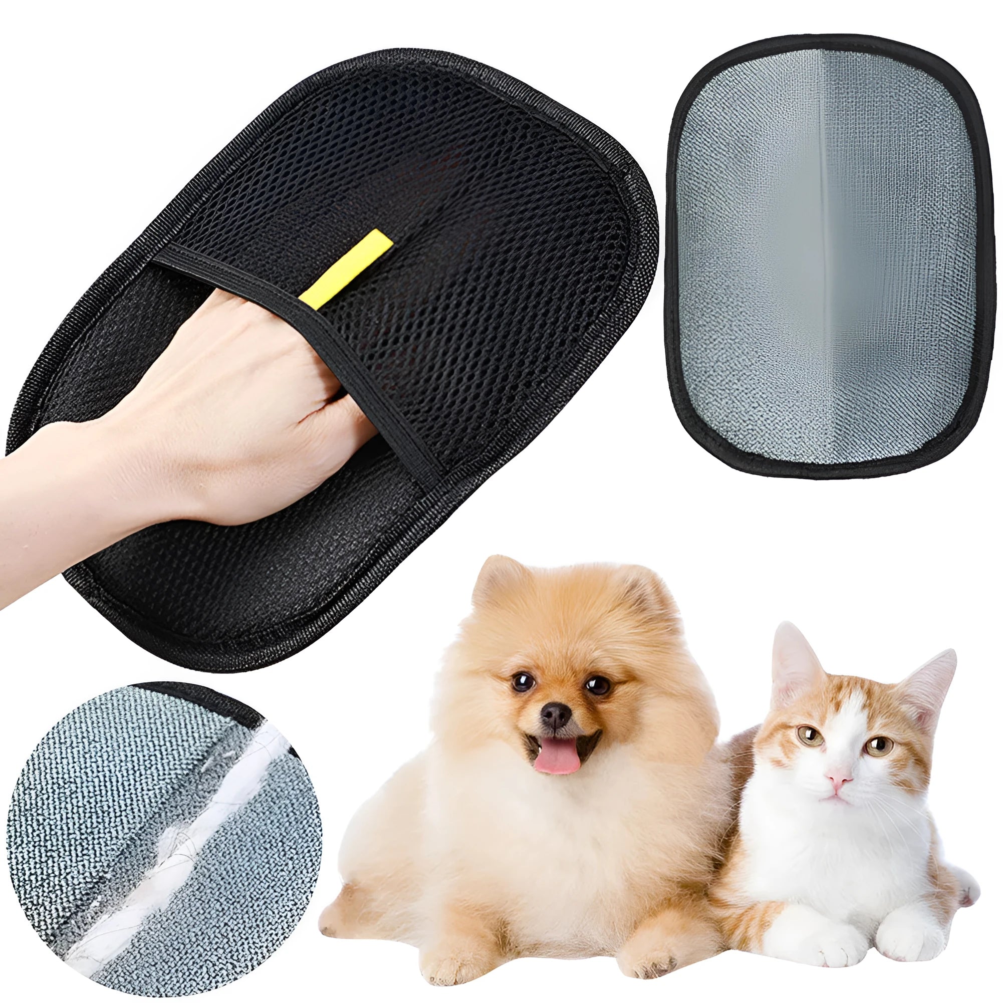 Black pet grooming glove with silicone bristles for removing hair from dogs cats rabbits