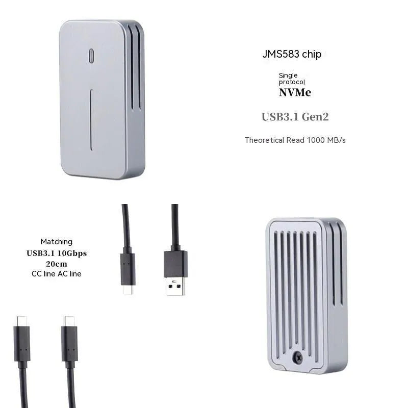 Aluminium alloy 10Gbps SSD enclosure with dual protocol support measuring 52mm x 28mm x 10mm