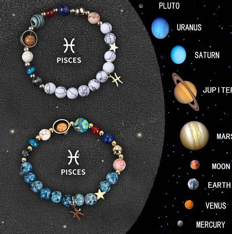 Set of twelve natural stone bead bracelets laid out, each representing a different zodiac sign.