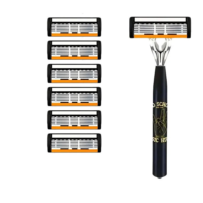 Black six-layer finger handle for manual shaver holder with assorted blade packs.