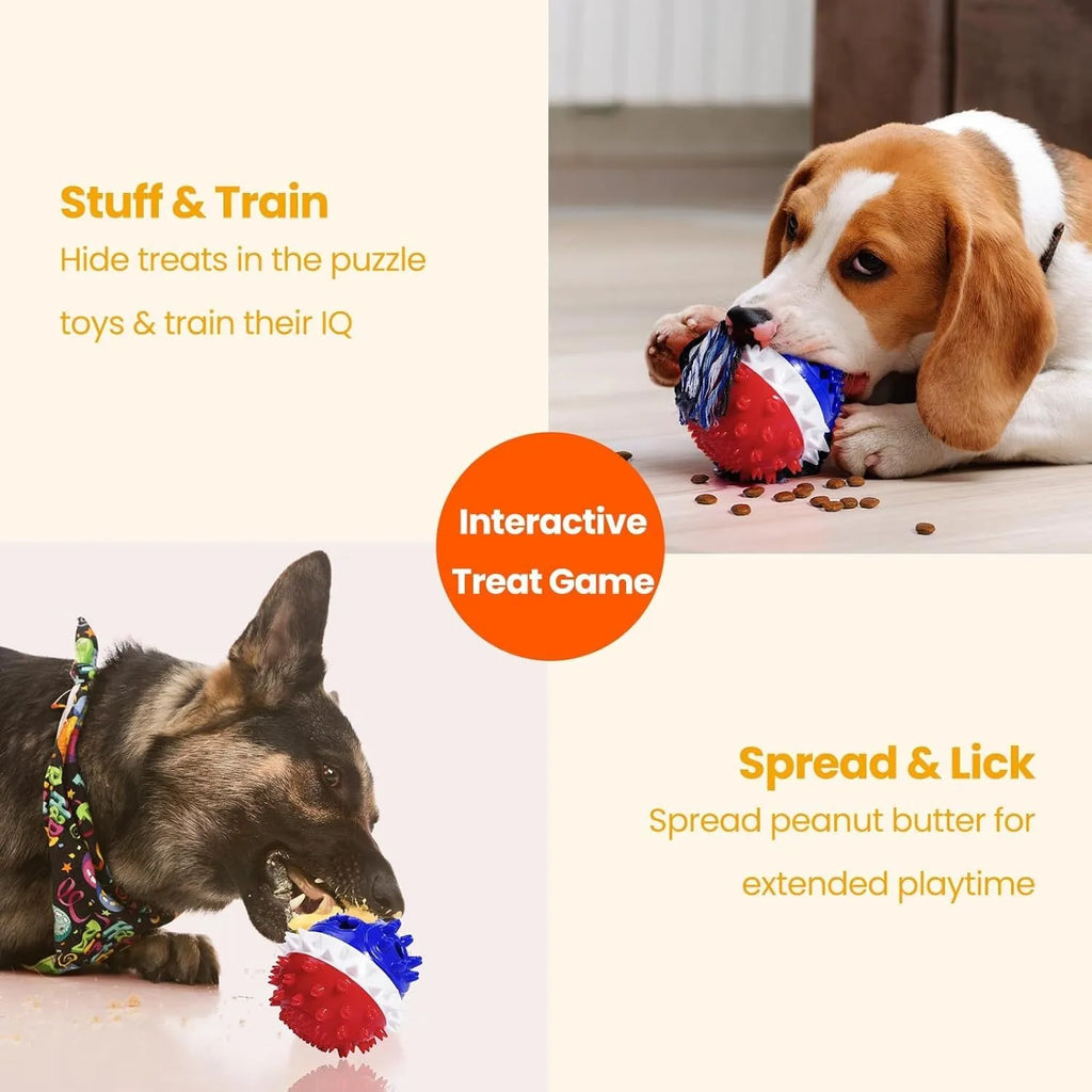 Blue and red ball-shaped dog chew toy with texture and a treat dispenser hole.