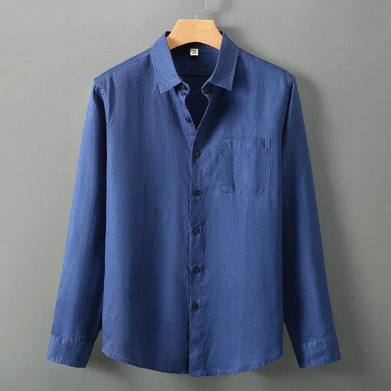 Linen long sleeve cardigan shirt in a loose Chinese style, shown in a solid colour.