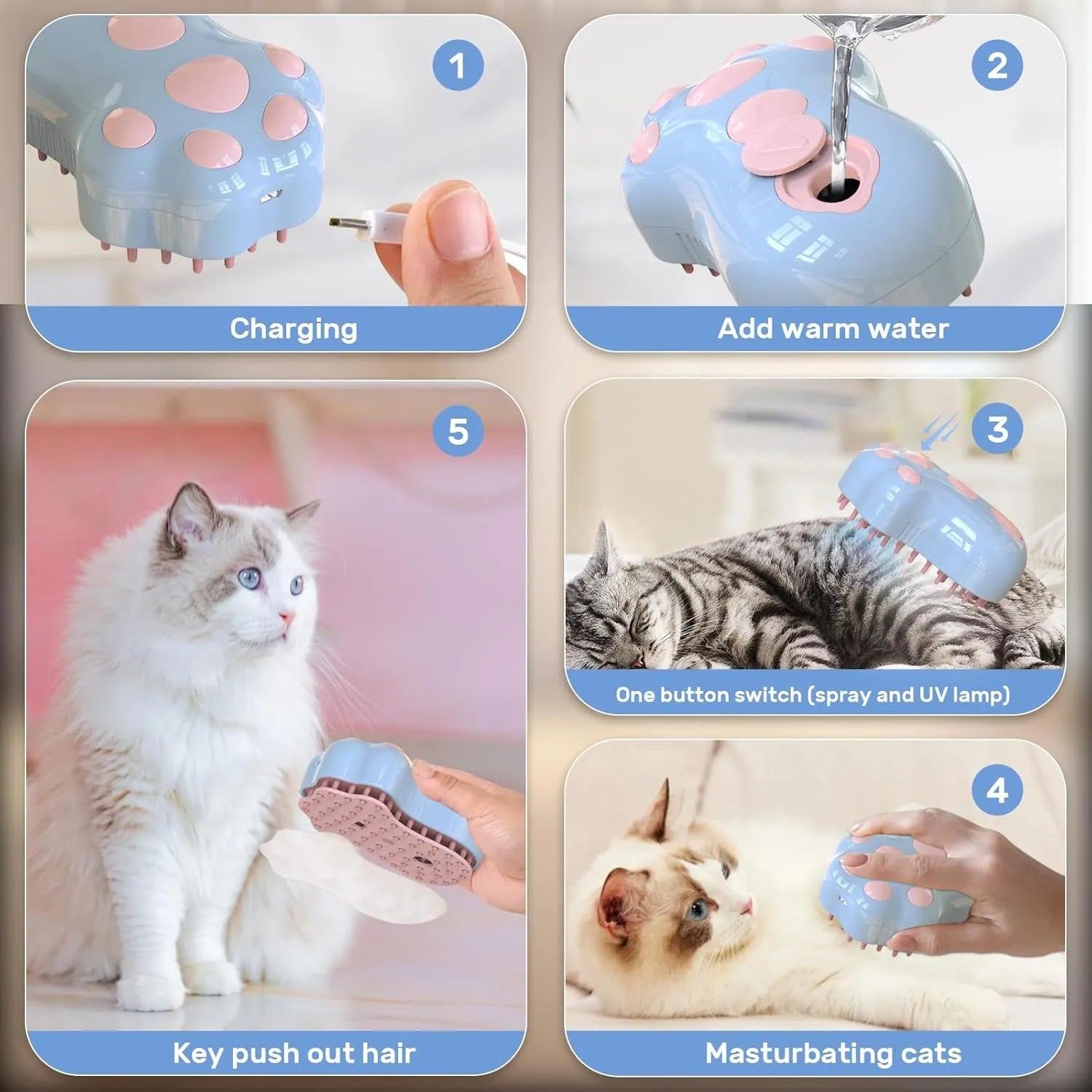 Blue self-cleaning cat steam brush with silicone massage bristles and a release button.