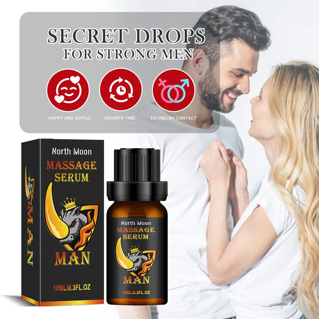 A 10ml bottle of men's body care massage oil with ginger and cocoa butter.