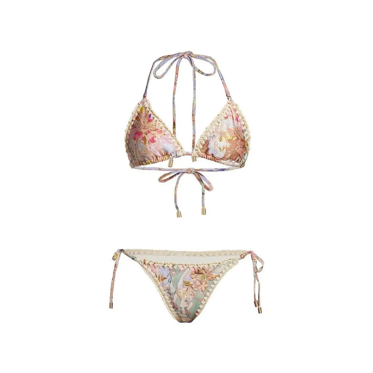 Women's creamy white floral bikini set with skirt cover-up on beach