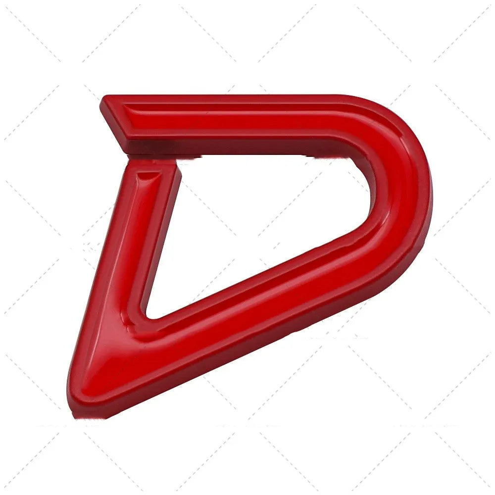 Metal decorative car sticker in SD design with red and silver colouring measuring 7.7cm by 2.9cm