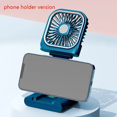 A person wearing a black hands-free neck fan with dual blue cooling fans and a USB charging cable.
