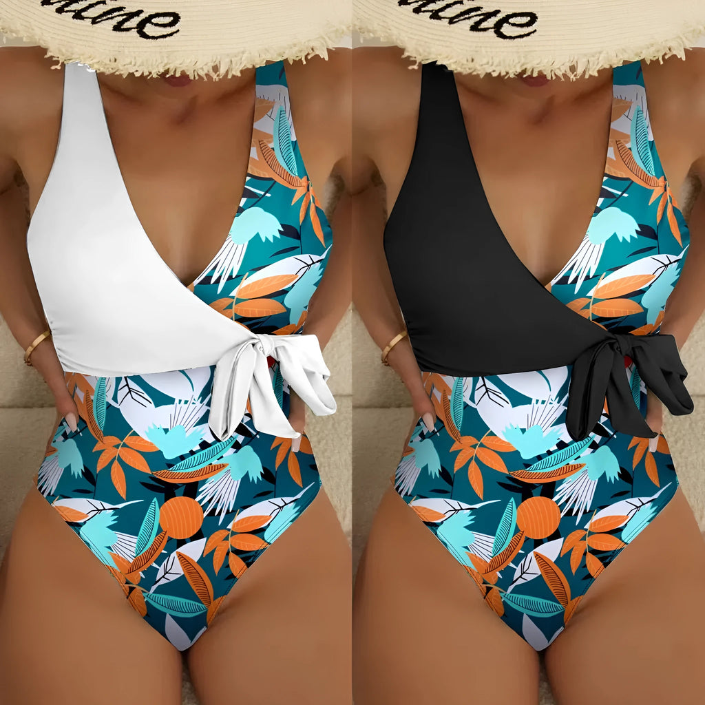 Women's high-waist one-piece swimsuit with printed pattern in polyester fabric