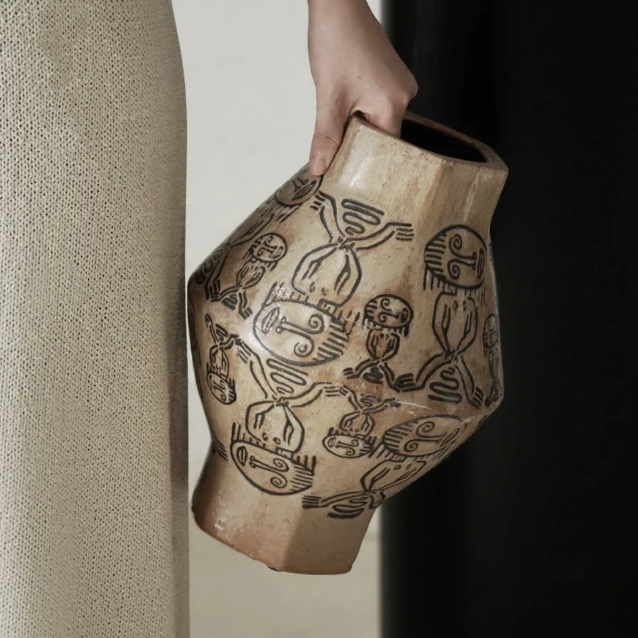 Hand-painted ceramic cylindrical vase with tribal totem flower patterns