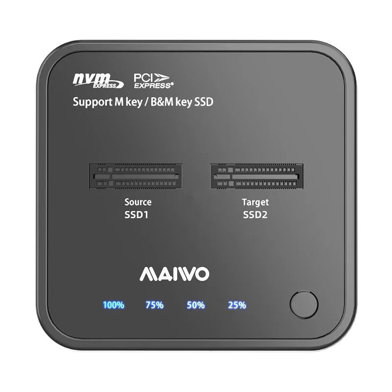 MAIWO K3016 M.2 solid state drive cloning dock with cables and power adapter on a desk