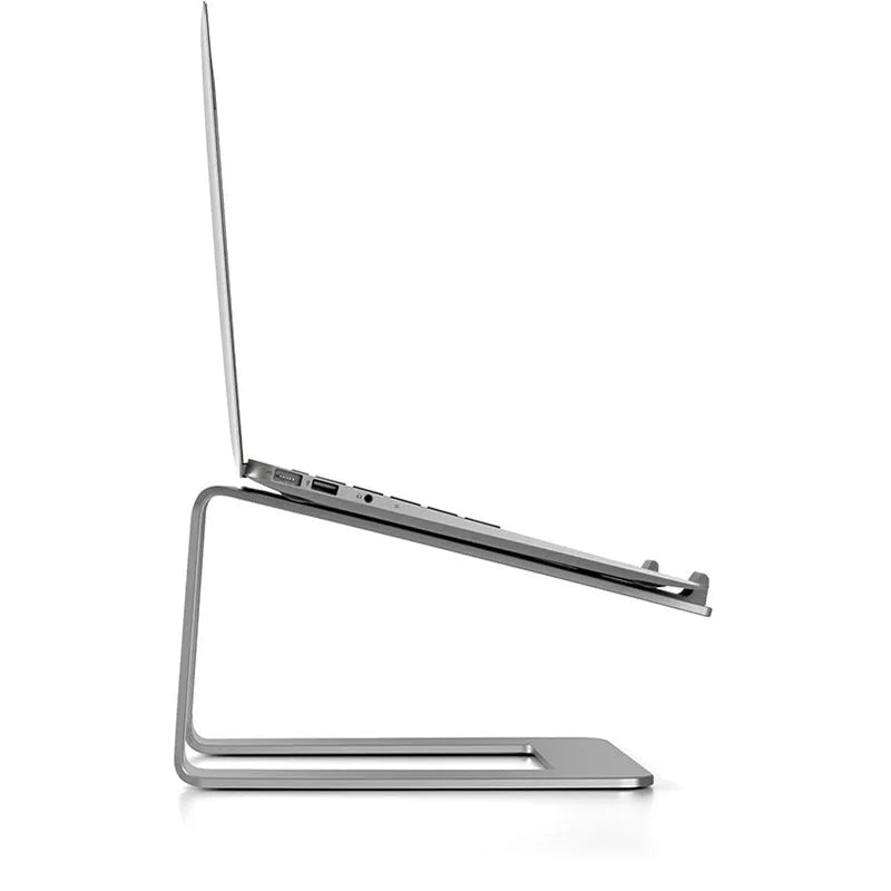 Black aluminium alloy laptop stand on desk with laptop elevated for cooling