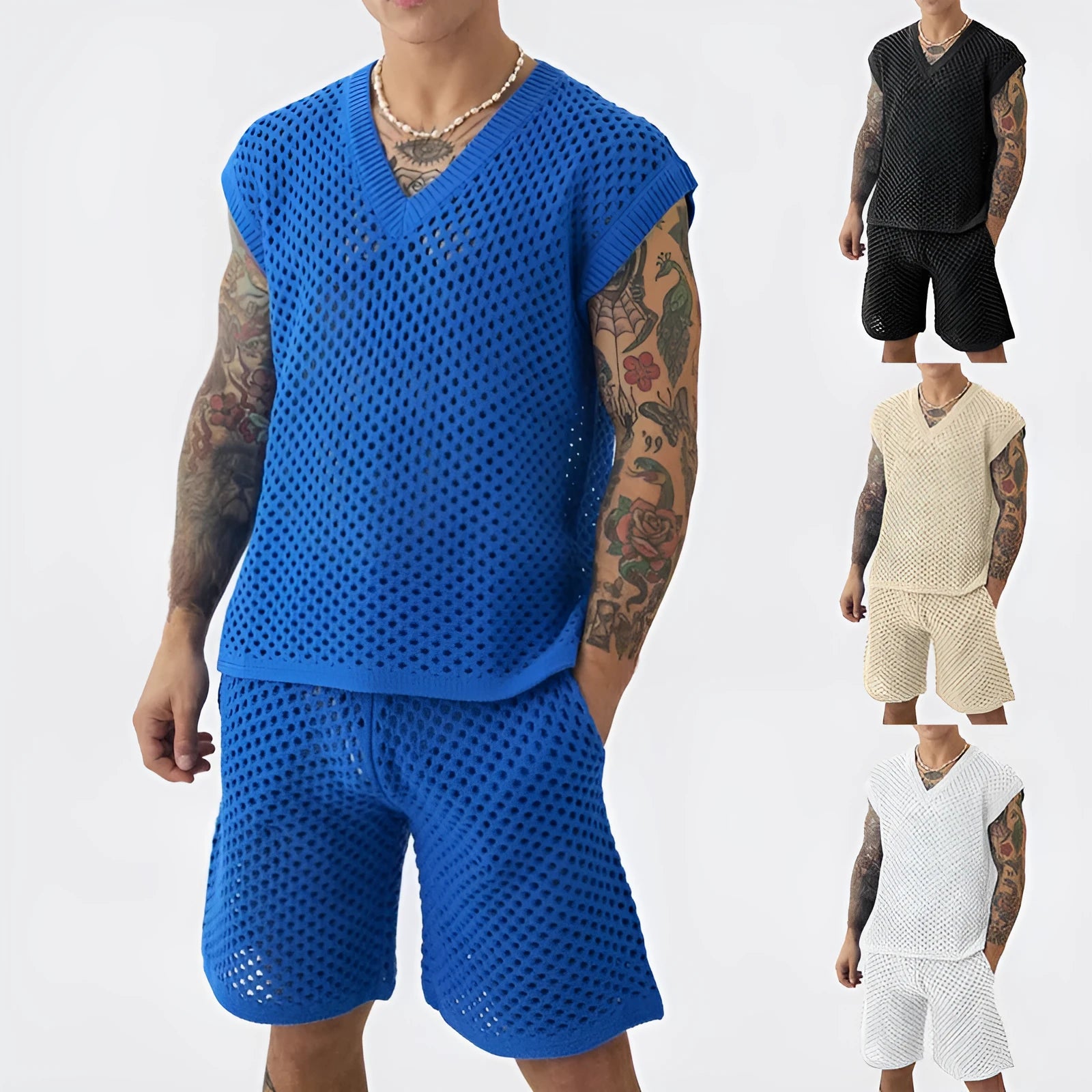 Men's blue V-neck vest and shorts sports suit for summer athletic wear