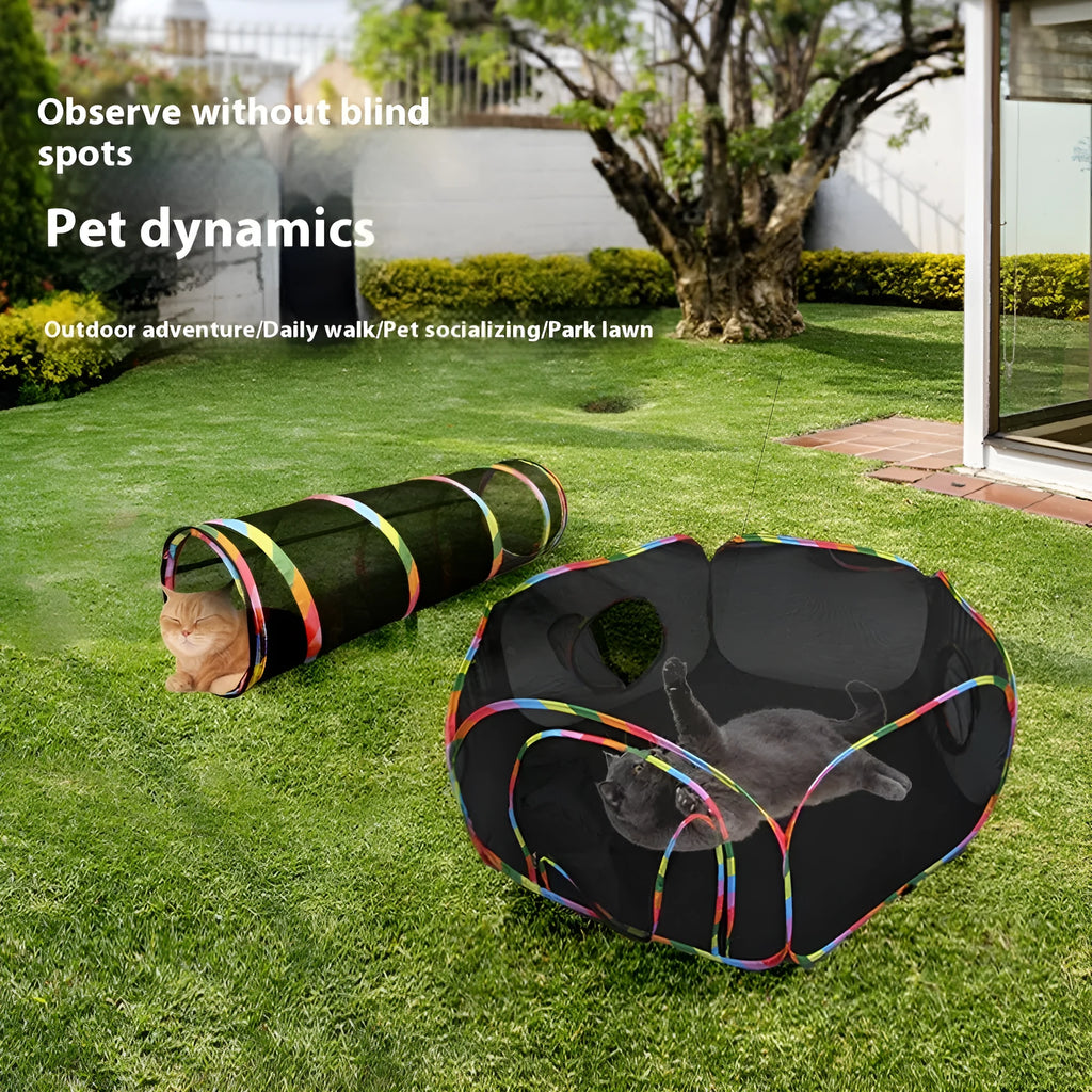 Foldable mesh cat cage pet toy shown in a hexagonal style variant.