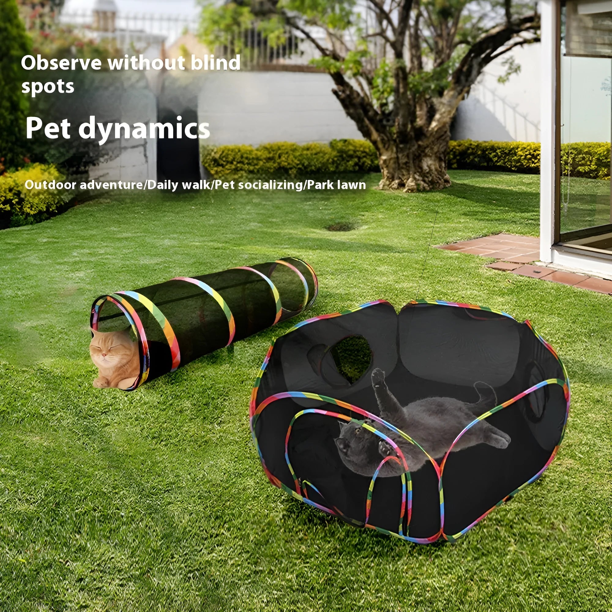 Foldable mesh cat cage pet toy shown in a hexagonal style variant.