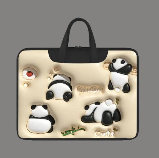Inflatable PU leather laptop bag with suitcase hanger in cute panda print for a 15.6-inch device.