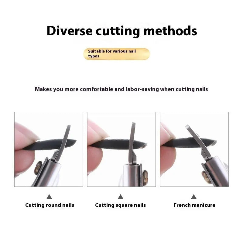 Stainless steel nail art scissors with U-shaped blades in black, titanium, or silver finishes.
