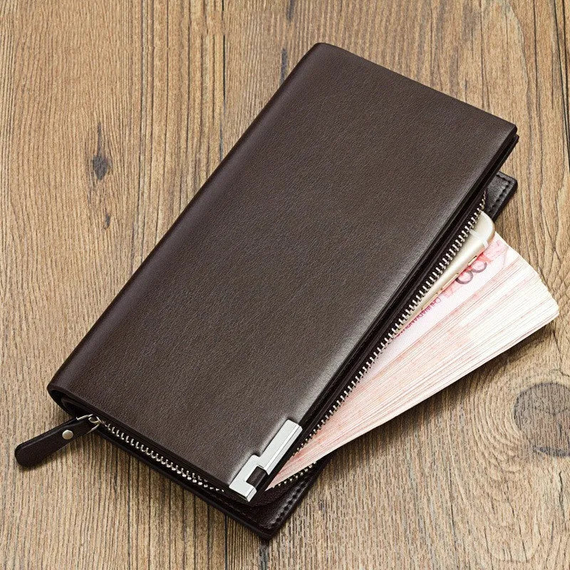 Men's long black PU leather wallet with zipper closure showing seven internal compartments