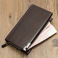 Men's long black PU leather wallet with zipper closure showing seven internal compartments