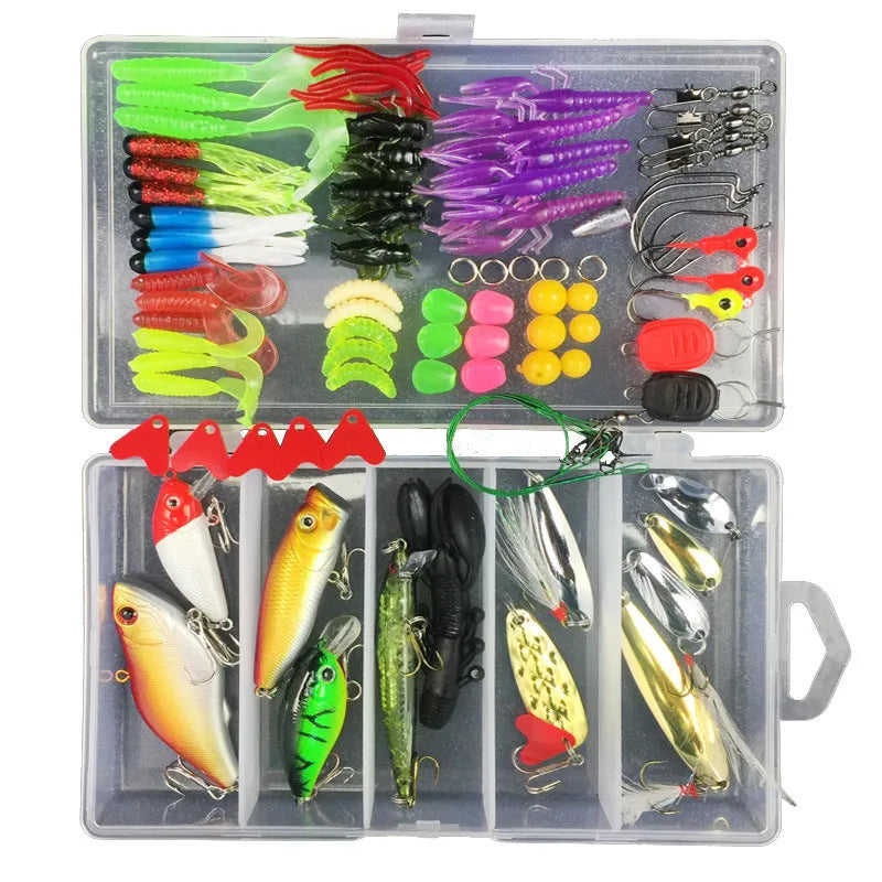 Fishing lure suit set showing soft plastic baits in frog patterns with colour thread inside PP storage box