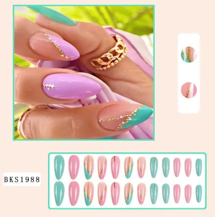 Almond-shaped nail stickers with tulip patterns in French leaves, macaron, leopard print, and plating designs