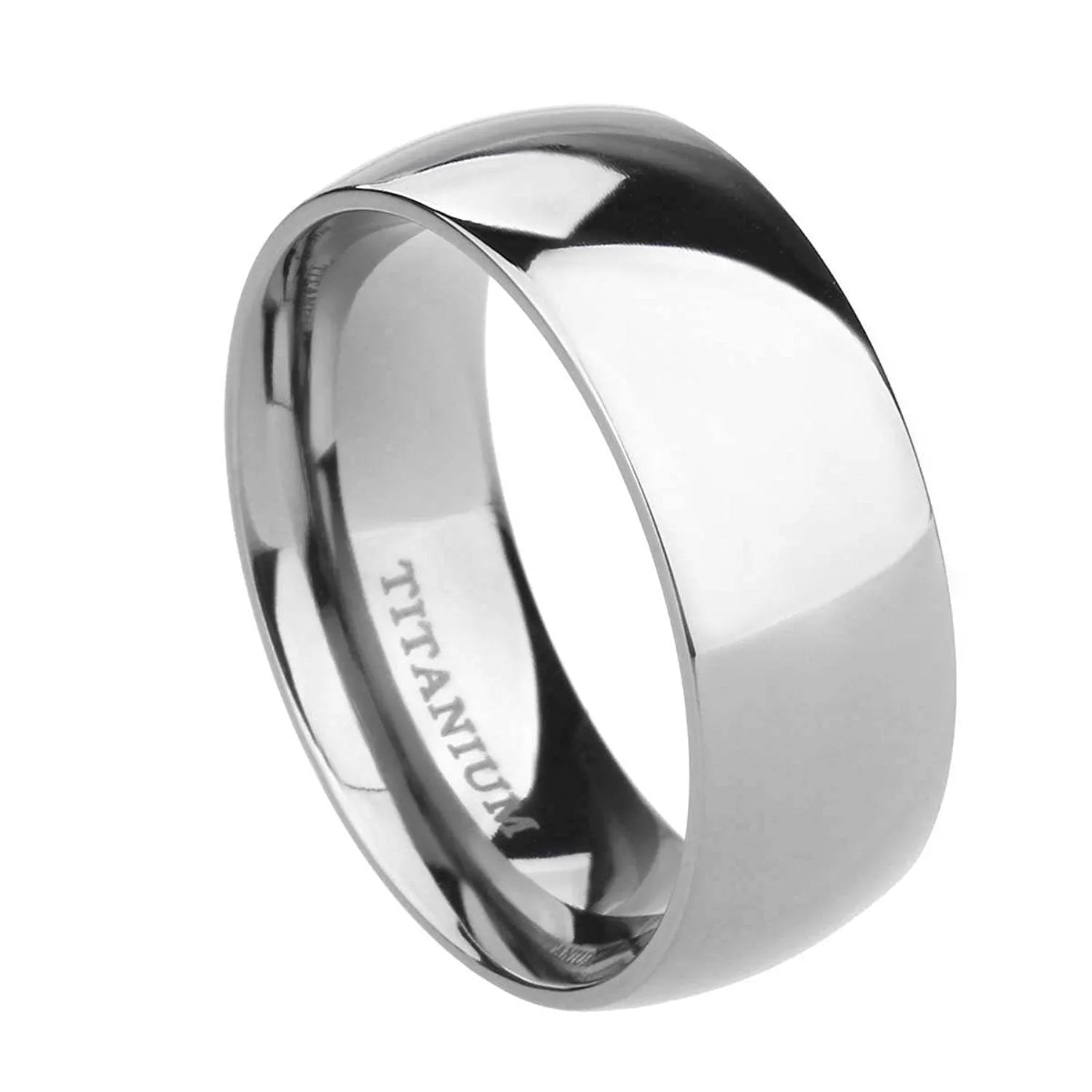 Silver titanium steel unisex ring shown in different band widths on a hand.