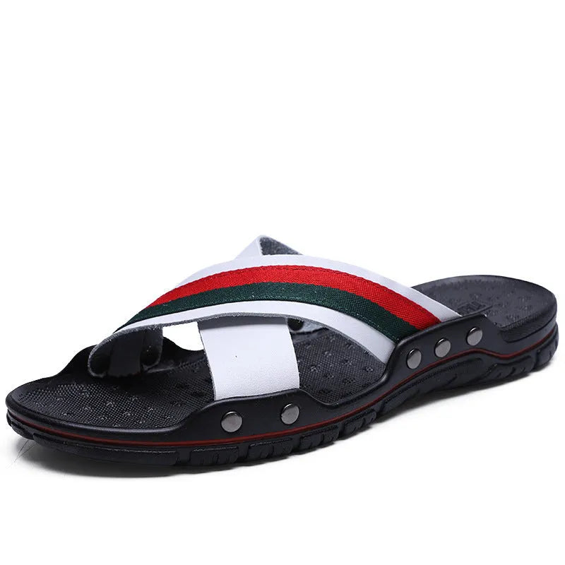 Men's cowhide leather beach sandals with a non-slip PU sole in black, blue, or white.
