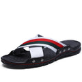 Men's cowhide leather beach sandals with a non-slip PU sole in black, blue, or white.