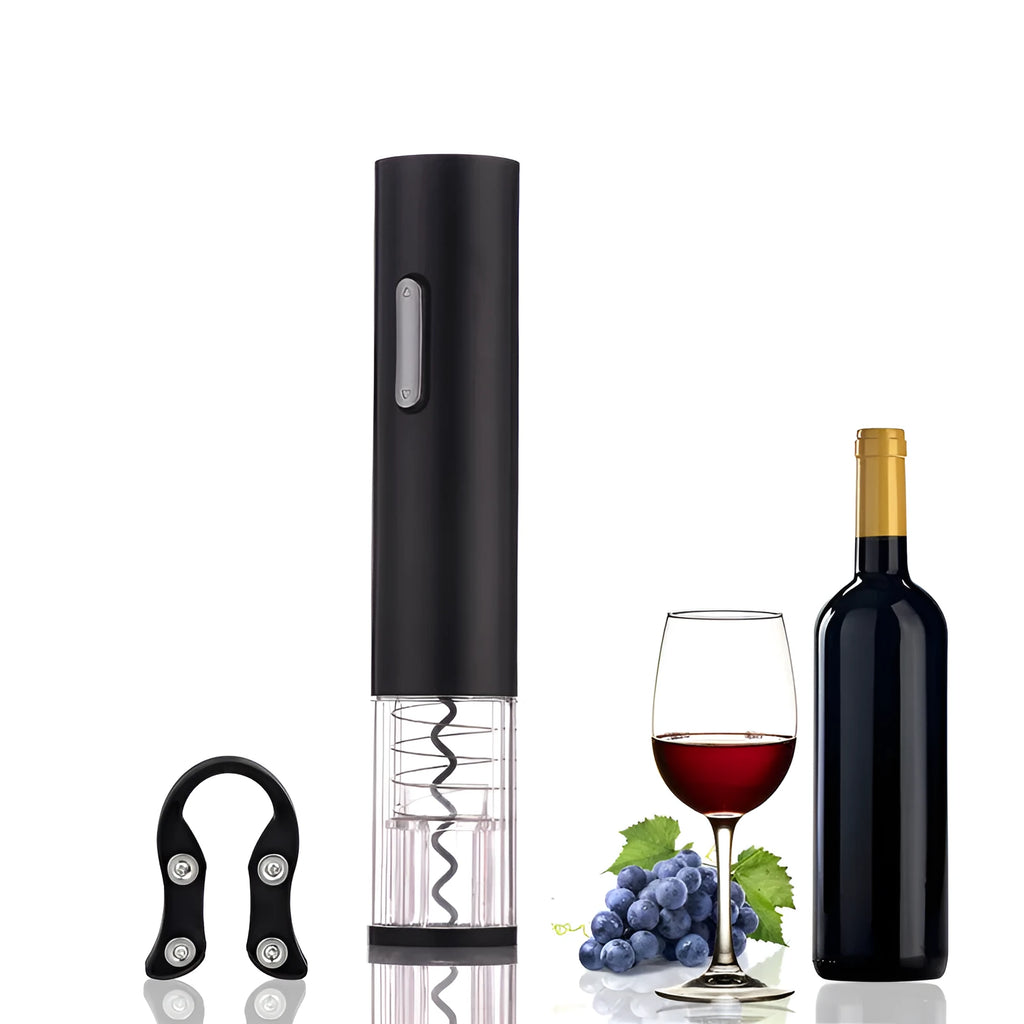 Black electric wine bottle opener with automatic corkscrew mechanism and foil cutter