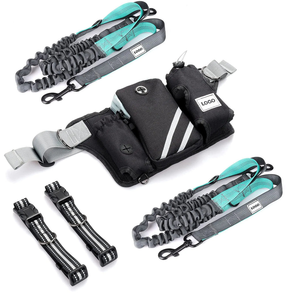 Black outdoor pet training waist bag set with telescopic leash and collar for dog walking