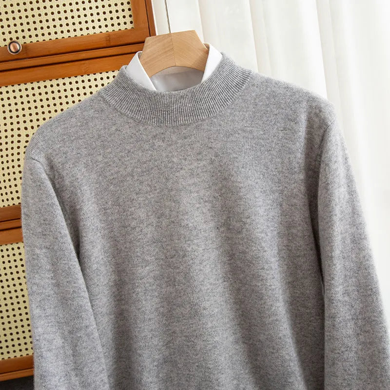 Men's loose fit half-collar wool sweater in a light business style, shown in a range of colours.