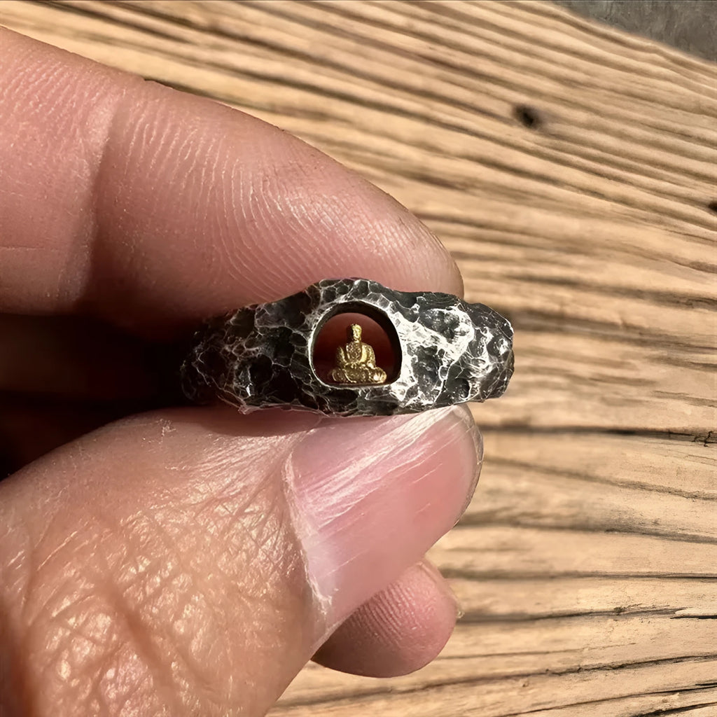 Hand-forged copper Buddha ring with grotto rock texture in size 8