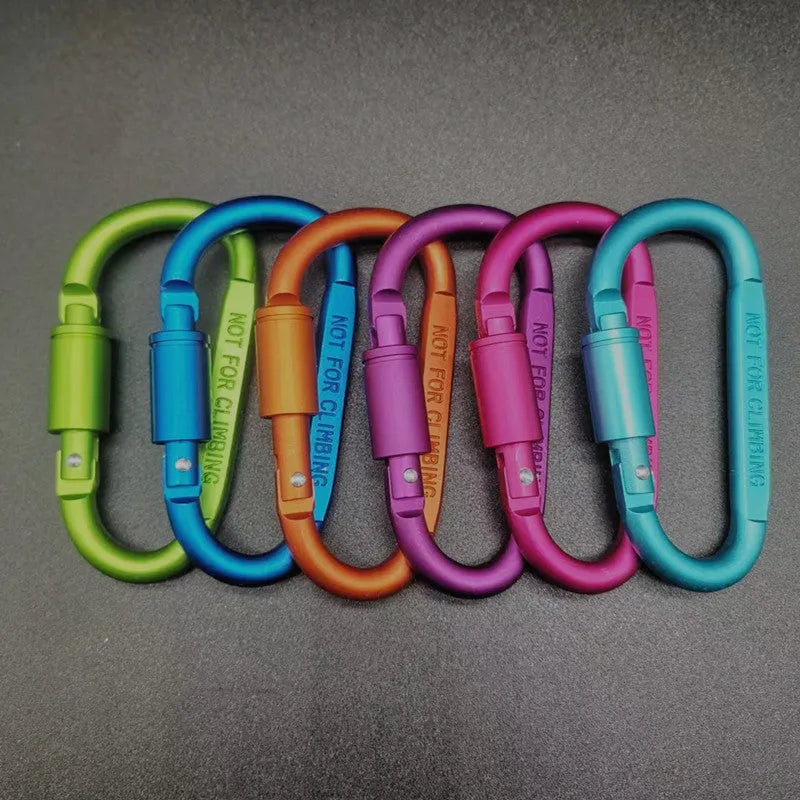 D-type aluminium climbing carabiner with twist-lock gate in multiple colour options showing 8cm flat profile