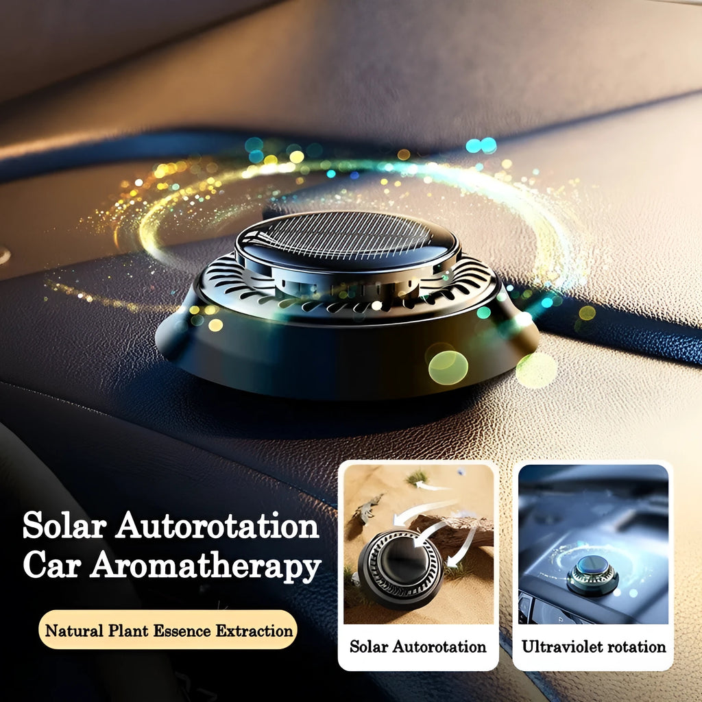 Solar kinetic car air freshener with rotating double rings on vehicle dashboard