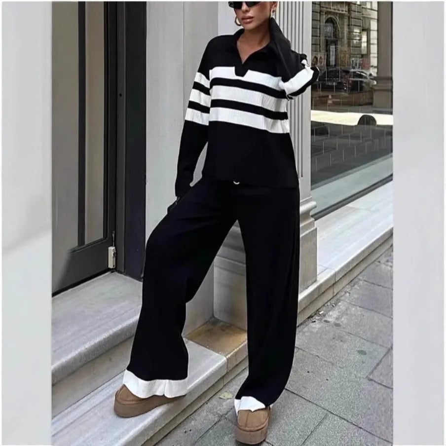 Women's black and white striped polo collar knitted top with matching trousers casual two-piece set
