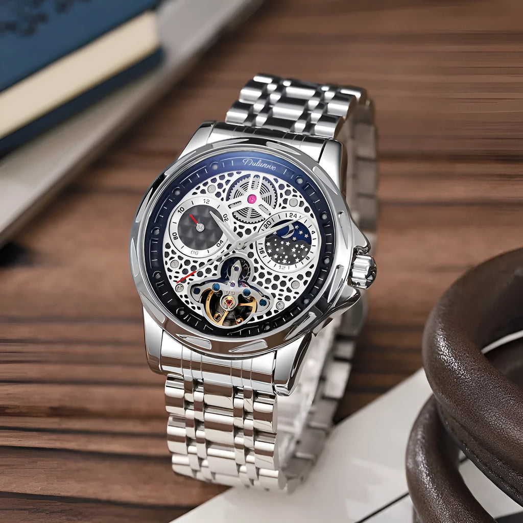 Men's 6060C automatic waterproof luminous watch with steel case and optional leather strap in black or white.