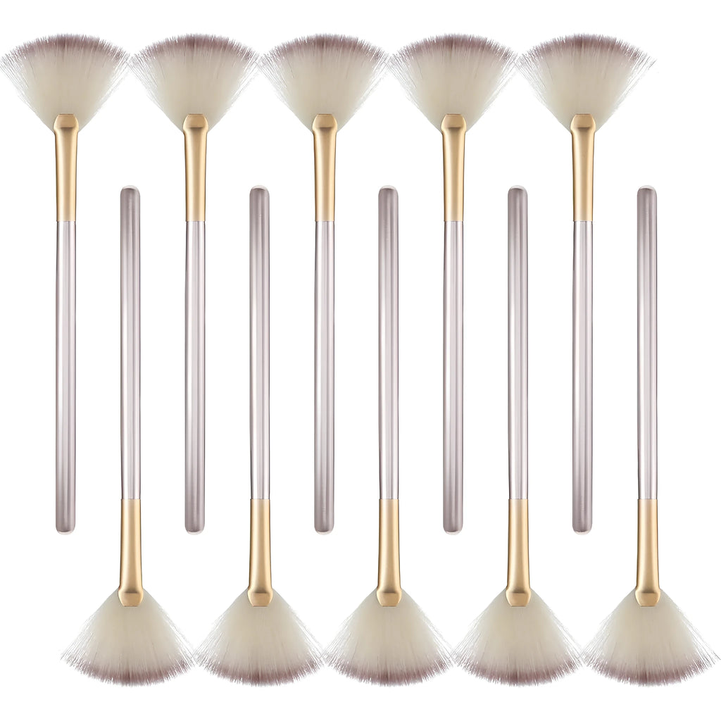 10 professional facial fan brushes with champagne-coloured acrylic handles and protective covers