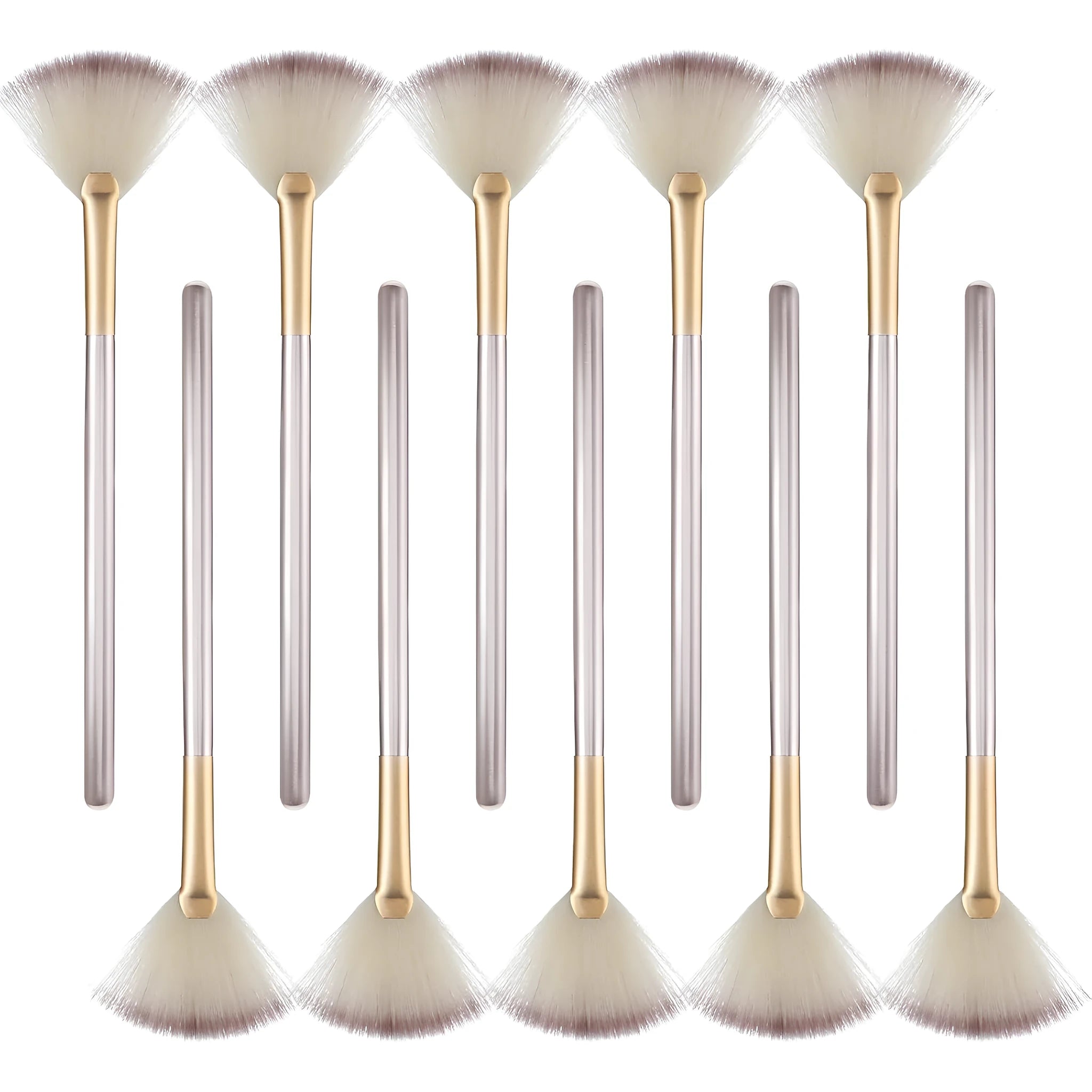 10 professional facial fan brushes with champagne-coloured acrylic handles and protective covers