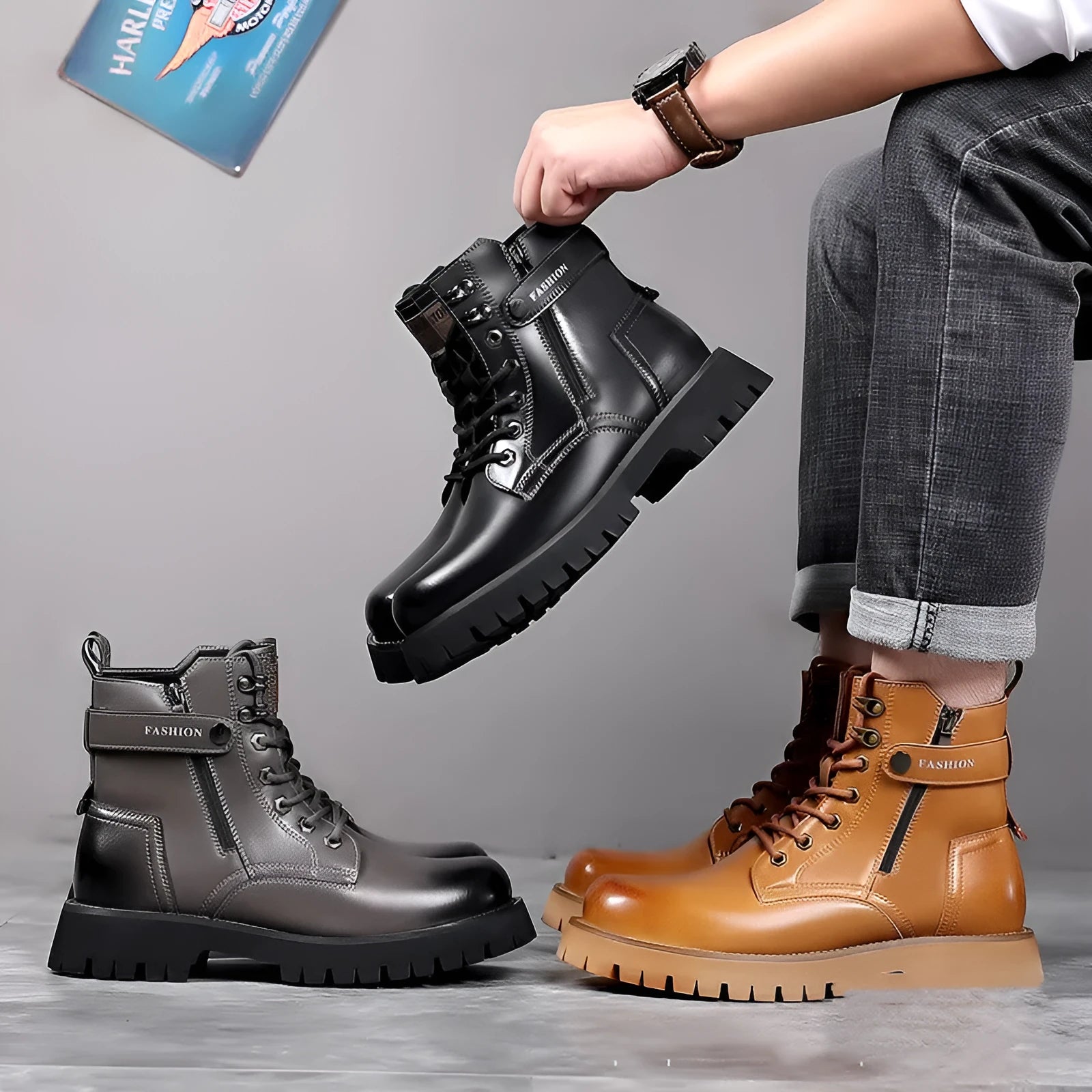 Men's light brown Martin boots with thick rubber sole and side zipper closure