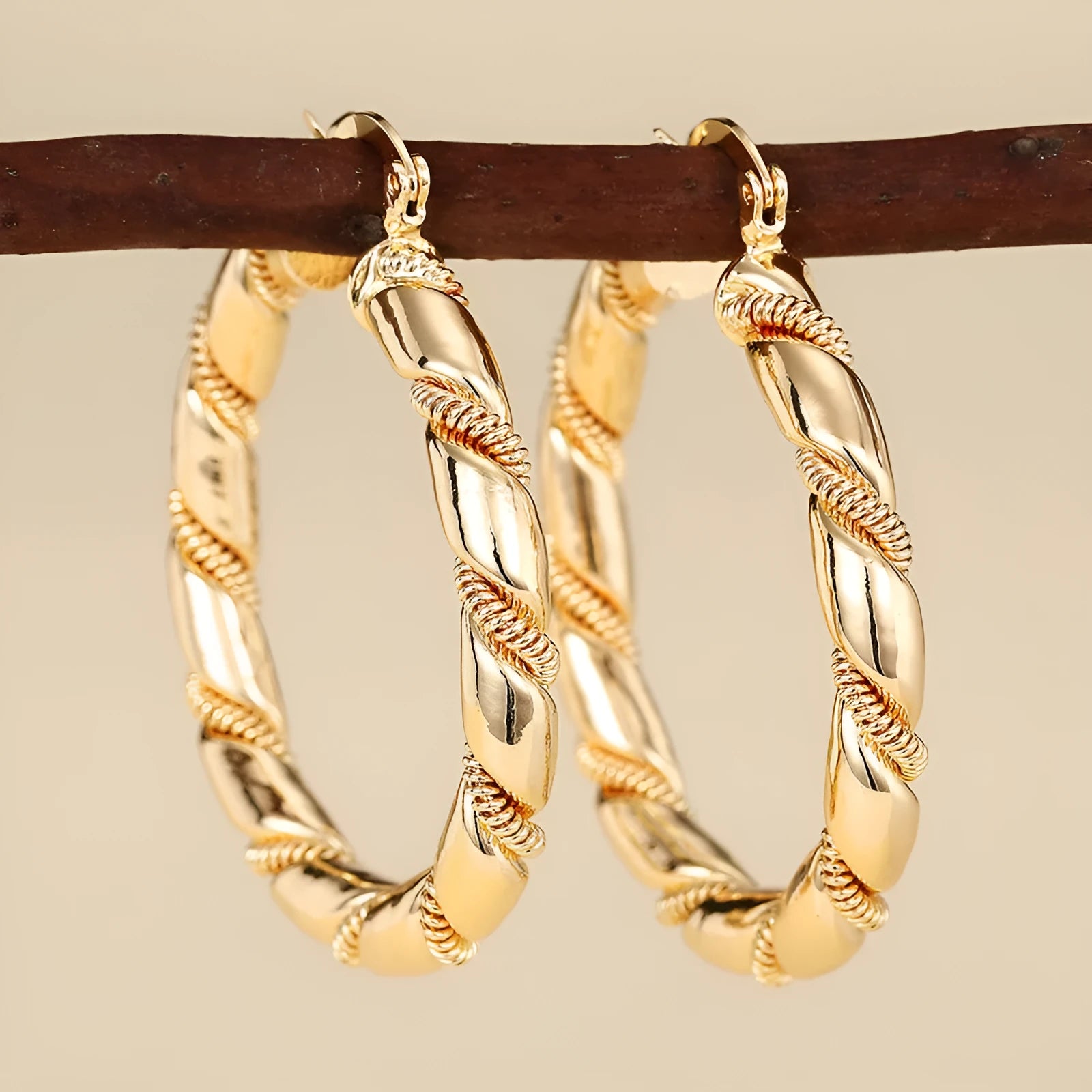 Geometric copper earrings with ring and line design in a gold colour.